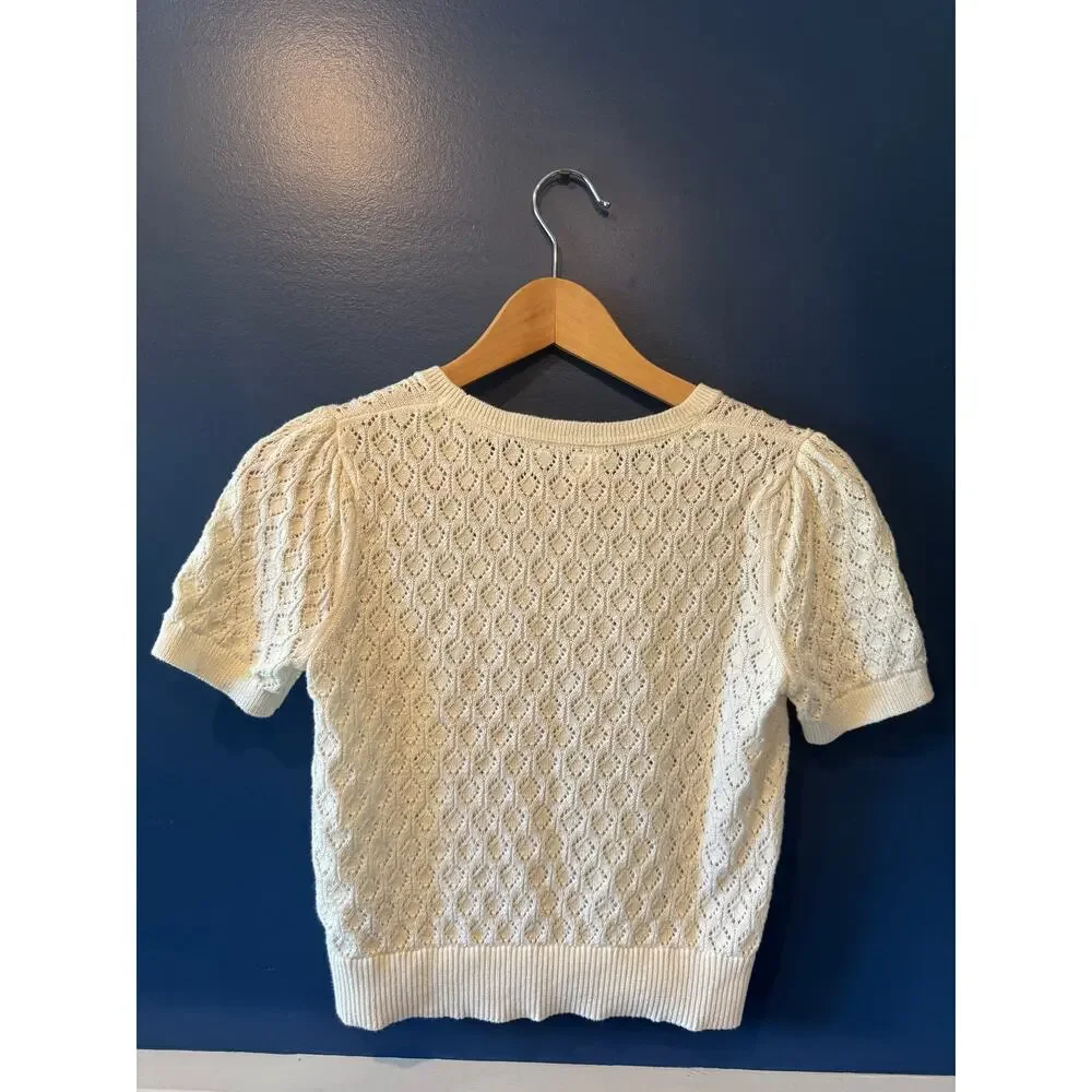GAP | Ivory 100% Cotton Pointelle Puff-Sleeve Sweater | Size Medium